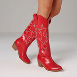 Purpdrank  Vintage Western Cowgirl Embroidered Knee-High Boots For Women Fashion Comfort Point Toe Chunky Heels Cowboy Long Booties Woman