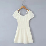 Purpdrank  Retro Beige Hollow Out Embroidery Mini Dress Sweet Girl Short Sleeve A-line Slim Summer Dresses Holiday Robe