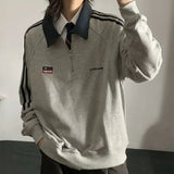 Purpdrank  American Style Vintage Autumn Winter Sweatshirts Women Lapel Patchwork Half Zipper Label Preppy Style Long Sleeve Loose Hoodies