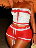 Purpdrank  Striped Sexy Drawstring Knitted Women Two Piece Sweater Short Set 2025 Summer Fashion Hollow Out Tube Top and Mini Shorts Outfit