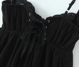 Purpdrank   Sexy Black Spliced Embroidery Lace Bra Corset style Mini Dress Women Tie Bow Backless Party Skater Short Sling Robe Holiday