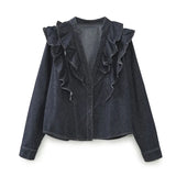 Purpdrank  Fashion Ruffled Denim Shirt Jacket For Women Y2K V-neck Long Sleeve Single Breasted Jeans Blouse Female Chic Street Outerwear
