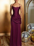 Purpdrank  Elegant Satin Slip Maxi Dress for Women Solid Sexy Sleeveless Criss-cross Backless Ruched Slim Bodycon Evening Party Gown