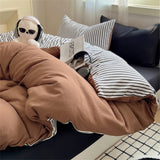Purpdrank  Bed Linen Bedding Set Solid Color Stripes Printing Washed Cotton Bedroom Decor Duvet Cover Pillowcase Bedspread Four Piece Sets