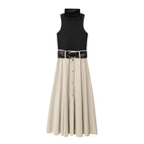 Purpdrank  European style new women's fashion all-match temperament splicing with belt stand collar sleeveless midi dress