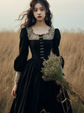 French Hepburn Velvet Black Midi Dress Women Elegant Lace Long Sleeve Dress Sexy Court Retro Evening Party Y2k Dress 2023 Winter