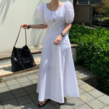 Purpdrank  Chic Summer Women's Long A-Line Dress round Neck Bubble Sleeve High Waist Slimming Gown Korean Style Commute Friendly Polyest...