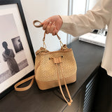 Purpdrank  Straw Woven Design Crossbody Bags For Women Summer Beach Drawstring Bucket Shoulder Bag Big Capacity Designer Handbag
