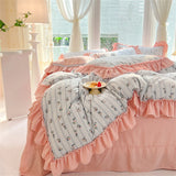 Purpdrank  Fashion Flower Bedding Set Bed Sheet Cute Princess AB Double Sided Ruffle Flower Quilt Cover Pillowcase Bedclothes Home Textiles