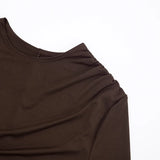 Purpdrank  Long Sleeve Ruched Mini Dress Women Fashion Brown O Neck Long Sleeve Slim Bodycon Dress for Daily Office Dating Outfits