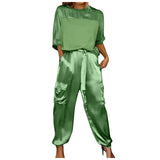 Purpdrank  Women Satin Two Piece Set Half Sleeve Top And Drawstring Waist Jogger Pants With Pockets Casual Office Lady Summer Outfit