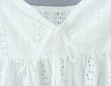 Purpdrank  Sweet White Hollow Out Embroidery Hole Bow V neck Wood ears Sleeve Tank Top Women Summer Elastic Back Swing Hem Vest Crop Top