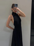 Purpdrank  Women's Evening Dresses Halter Backless Long Dress Autumn Female Velvet Sleeveless Slim Pleat Partywear Chic Ladies Vestido