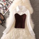 Purpdrank  Spring New Lapel Knitshirt Women's Design Sensibility Niche Waist-Fitted Slimming Two-Piece Illusion Long Sleeve Top