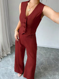Purpdrank  Women's 2Pcs Red Date Night Front Buckle V-Shaped Hem Solid Button Front Vest Jacket & Seam Front Pants Two Piece Set