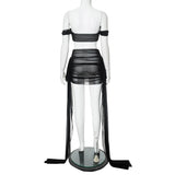 Purpdrank Women Sexy Double Layered Mesh 2 Piece Set Off Shoulder Twist Strapless Crop Top + Ribbon Ruched Mini Skirts Party Clubwear Suit