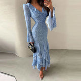 Purpdrank   Elegant V Neck Flared Sleeves Mermaid Long Dress Lady Fashion Slim Fit Wrap Hip Dresses Ruffle Edge Design Spring Holiday Dress