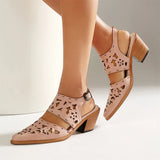 Purpdrank  Plus Size 48 Women's Western Cutout Laser-Cut Slingback Sandals Pointed Toe Chunky Wooden Heel Vintage Cowboy Shoes Brown/Pink