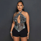 Purpdrank  Sexy Sparkly Rhinestones Mesh Rompers Womens Jumpsuit Shorts Club Outfits Halter Patchwork Sheer Cutout Bodycon Playsuit Woman