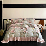 Purpdrank  Vintage French Rose Flowers Prints Ruffles Bedding Set 100% Cotton Brushed Fabric Duvet Cover Set Bed Sheet Pillowcases 4Pcs