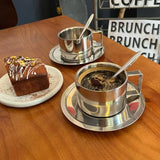 Purpdrank  Korean Ins Coffee Cup Set 304 Stainless Steel Insulated Coffee Cup Afternoon Tea Mug Dish Spoon Household Retro Tableware Set