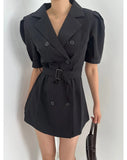Purpdrank  Summer Vintage Double Breasted Women's Short Blazer Dresses Sashes 2025 New Short Sleeve Casual Loose Mini Dress Female