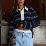 Purpdrank   Spring New Women's Oversized Striped Polo Shirt Long Sleeve Half Button Collared Casual Top Retro Commute Streetwear