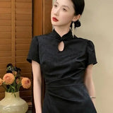 Purpdrank  New Chinese Style Waistband Slimming And Improved Qipao Summer Dress New Women Short Sleeve Long Patry Dress