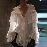 Purpdrank  Elegant Ruffle Solid Women Shirts Sexy See Through Deep V Neck Full Flare Sleeve Female Blouse 2025 Spring Loose Office Lady Top