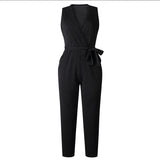 Purpdrank  Fashion Lace Women Jumpsuit With Belt Sleeveless Casual V-neck Solid Women Black Jumpsuits Fashion Female Pants Suit Pants