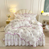 Purpdrank  100% Cotton Vintage Pastoral Style Rose Flowers Print Ruffles Bedding Set Duvet Cover Set Bow Lace Quilted Bed Skirt Pillowcases