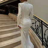 Purpdrank  Women Lapel V Collar French Style Dress Lady Elegant Button Slim Slit Temperament Dress Autumn New Long Sleeve Long Dress