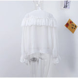 Purpdrank  Elegant Ruffle Solid Women Shirts Sexy See Through Deep V Neck Full Flare Sleeve Female Blouse 2025 Spring Loose Office Lady Top