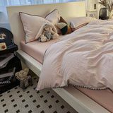 Purpdrank  Ins Style Solid Color Stripes Mix and Princess Style Quilt Cover Four-piece Bedding Set Washed Cotton Shell Edge Duvet Cover Set