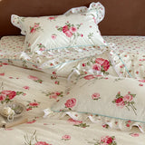 Purpdrank  Rustic Vintage French Rose Floral Ruffles 100% Cotton Bedding Set Duvet Cover Set Flat/Fitted Bed Sheet Pillowcases 4Pcs