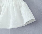 Purpdrank  Stylish White Embroidery Hollow Out Flower Slash Shoulder Short Sleeve Tank Top Women Elastic Waist Ruffles Hem Crop Tops