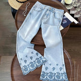 Purpdrank  Fashion Diamonds Rivet Jeans for Women Trendy Hollow Out Embroidery Flared Denim Pants Ankle-length Blue Jeans Slim Trousers