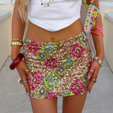Purpdrank  Women Sexy Slim Fit Club Party Skirts Fashion Sequin Beaded Package Hip Skirt Elegant Hight Waist Geometric Splicing Mini Skirt