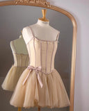 Purpdrank  Cute Champagne Corset Mini Prom Dress with Beaded Bow Spaghetti Straps Short A-line Cocktail Dresses for Women