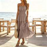 Purpdrank  Womens Smocked Waist Tiered Cami Dress Solid Color Spaghetti Strap Sleeveless Summer Dresses Casual Flowy Boho Beach Maxi Dress