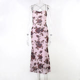Purpdrank  Sexy Women Backless Rose Print Long Dress Slim Fit Strap Spicy Girl Dresses Sleeveless Bodycon Party Dress Vacation Dress