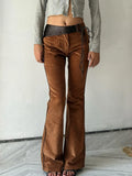 Purpdrank  Vintage American Fashion Brown Corduroy Flare Pants High-Street PU Leather Patchwork Tie-up Waist Long Trousers for Women