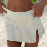 Purpdrank  New Fashion Autumn Bow Lacing Up Low Waist Side Slit Rib Knit Skirt for Women With Shorts Underwear Mini Skirts Beige Pink
