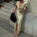 Purpdrank   Summer Women's Elegant Knit Maxi Dress Short Sleeve V-Neck Ribbed Side Slit Bodycon Long Dress Casual Party Evening Dress