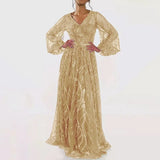 Purpdrank  Long V-Neck Sequin Dress Elegant Bow-Knot Party Dress Polyester Fabric High Waist Bubble Sleeve Floor-Length Simple Chic