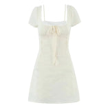 Purpdrank  Retro Beige Hollow Out Embroidery Mini Dress Sweet Girl Short Sleeve A-line Slim Summer Dresses Holiday Robe