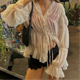 Purpdrank  Holiday Women Bow Lacing up Front V neck Ruched Lotus Root Long Sleeve Shirt Spring Summer Women Sheer Loose Chiffon Blouse Tops