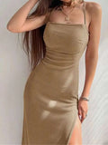Purpdrank  New Sexy Black Long Bodycon Dress Women Summer Sleeveless Blackless Halter Neck Spaghetti Strap Dresses High Split Vestidos