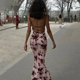 Purpdrank  Sexy Women Backless Rose Print Long Dress Slim Fit Strap Spicy Girl Dresses Sleeveless Bodycon Party Dress Vacation Dress