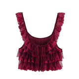 Purpdrank  Creamy Lace Ruffled Layered Strappy Top Women Blouses Vintage Sleeveless O Neck Cropped Camisole Boho Beach Sheer Tanks Tops